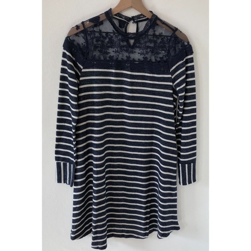 Andree By Unit Dress Women Medium Blue Striped Long Sleeve Midi Lace NWT